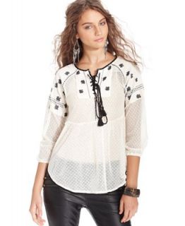 Free People Three Quarter Sleeve Embroidered Swiss Dot Peasant Blouse   Tops   Women