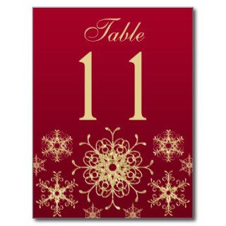 red, Gold Glitter Snowflakes Table Number Card Postcards