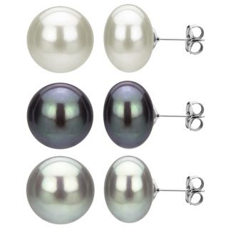 DaVonna Silver Black Grey and White FW Pearl Stud Earrings Set (8 9 mm) DaVonna Pearl Earrings