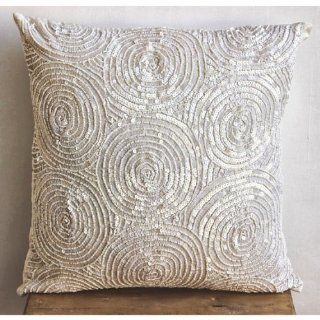 Ivory Swirls   24x24 inches Sofa and Bed Sham Covers   Silk Pillow Cover Embellished with Sequins & Beads   Throw Pillow Covers