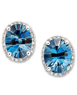 14k White Gold Earrings, London Blue Topaz (4 1/2 ct. t.w.) and Diamond (1/8 ct. t.w.) Oval Stud Earrings   Jewelry & Watches