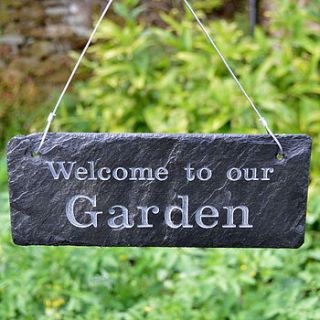 'welcome to my garden' engraved slate sign by winning works