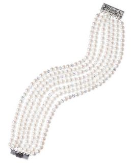 Sterling Silver Bracelet, Cultured Freshwater Pearl (4 4 1/2mm) and Swarovski Elements (7 1/4 ct. t.w.) 7 Row Bracelet   Bracelets   Jewelry & Watches