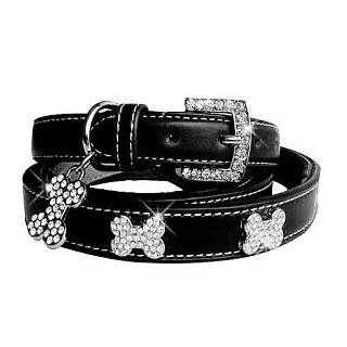 "Luxe Bone" 192 Swarovski crystals jewelled Leather Dog Collar   Black / Large (15" 20")  Pet Fashion Collars 