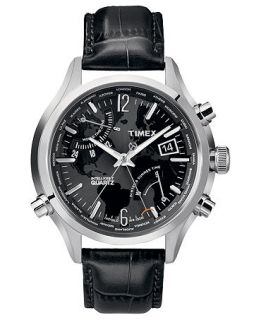 Timex Watch, Mens Premium Intelligent Quartz World Time Black Leather Strap 44mm T2N943AB   Watches   Jewelry & Watches
