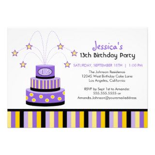Purple Yellow 13th Birthday Cake Party Invitation