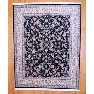 Indo Hand knotted Tabriz Black/ Ivory Wool/Silk Rug (8' x 10') 7x9   10x14 Rugs