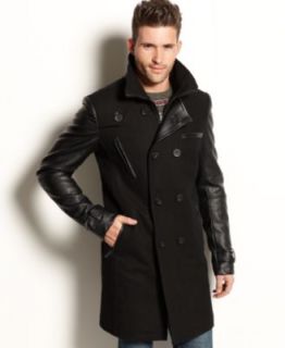 Brave Soul Coat, Double Breasted Faux Leather Sleeve Pea Coat   Coats & Jackets   Men