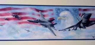Wallpaper Border Air Force Jet Fighters American Flag & Eagle with Blue Trim    