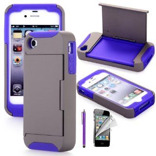 iPhone 4 4S Protector Shell Wallet Card Holder and Stand Case Cover +Screen Protector +Stylus (Purple+Grey) Cell Phones & Accessories