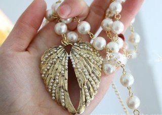 JA177 Pearl Laced Angel Wing Necklace, Golden Bronze Faux Angel Pearl Necklace Jewelry