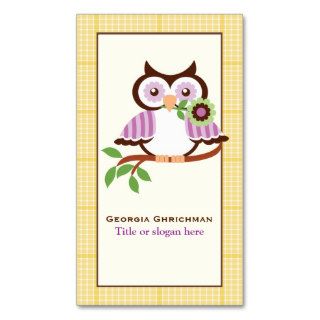 Cute spring owl on a branch, yellow plaid border business card template