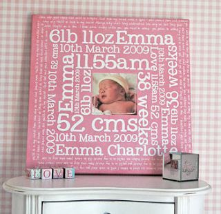 personalised birth memory canvas by lucyslocket