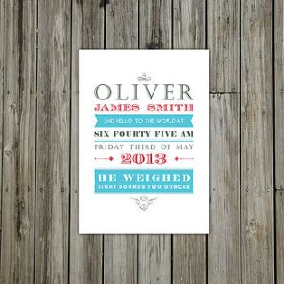 personalised birth announcement print by brighton artists