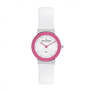 Skagen Women's Pink Accented White Leather Strap Watch