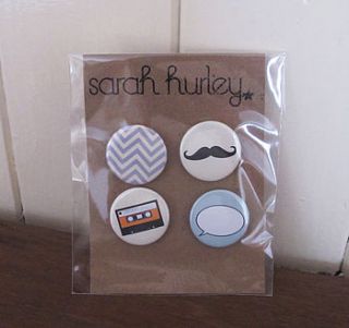 set of four retro themed pin badges by sarah hurley designs