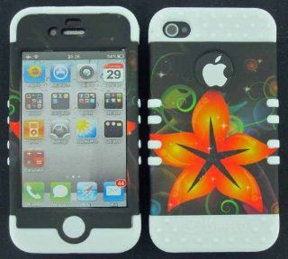 APPLE IPHONE 4 4S ORANGE HIBISCUS FLOWER HEAVY DUTY CASE + WHITE GEL SKIN SNAP ON PROTECTOR ACCESSORY Cell Phones & Accessories