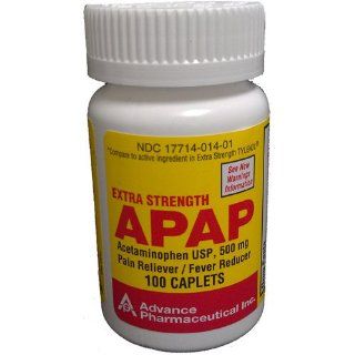 Advance Pharmaceuticals Inc. Extra Strength APAP Acetaminophen USP, 500 mg Pain Reliever / Fever Reducer, 100 Caplets Health & Personal Care