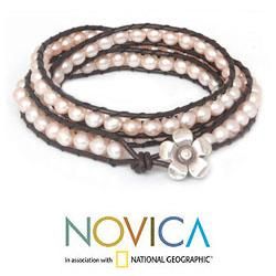 Silver 'Frangipani Dew' Cultured Pearl Bracelet (5.5 mm) (Thailand) Novica Bracelets