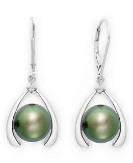 Sterling Silver Earrings, Cultured Tahitian Pearl (10mm) and Diamond Accent Leverback Earrings   Earrings   Jewelry & Watches