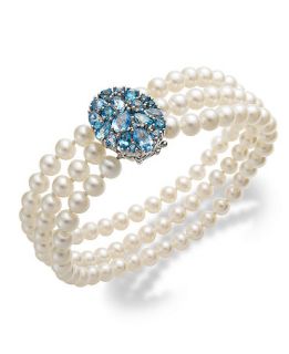 Sterling Silver Bracelet, Cultured Freshwater Pearl Shades of Blue Topaz 3 Row Bracelet (4 1/6 ct. t.w.)   Bracelets   Jewelry & Watches