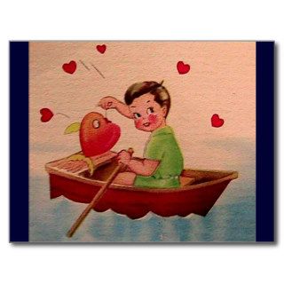 Boy Holding Heart in Boat Post Cards