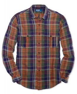 Polo Ralph Lauren Shirt, Long Sleeve Plaid Linen & Silk Military Workshirt   Casual Button Down Shirts   Men