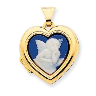 14k Gold Polished Heart Shaped Angel Agate Cameo Inlay Locket Real Goldia Designer Perfect Jewelry Gift Jewelry