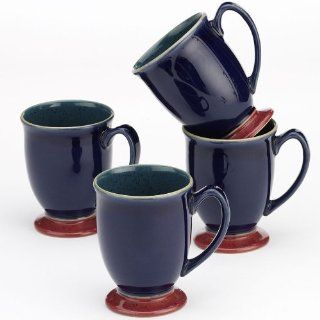Denby Harlequin Footed Mugs, NEW, Set of 4, Blue Exterior, Green Interior, Red Foot Kitchen & Dining