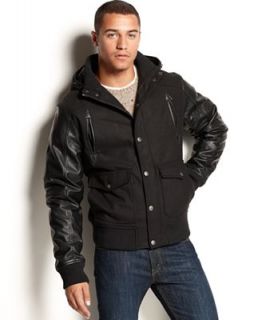Brave Soul Jacket, Hooded Faux Leather Sleeve Varsity Jacket   Coats & Jackets   Men