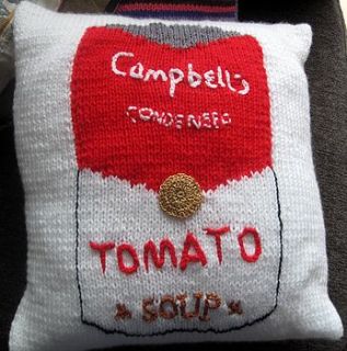 hand knitted soupcan cushion by mother of pearl atelier