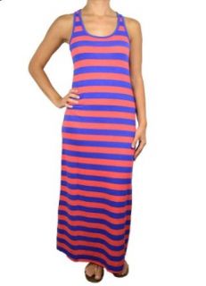 143Fashion Ladies Fashion Striped Maxi Dress (Large, Coral/Royal Blue)