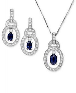Sterling Silver Necklace and Earrings, Sapphire (1 1/8 ct. t.w.) and Diamond Accent Oval Pendant and Drops Set   Jewelry & Watches