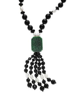 Black Onyx (500 ct. t.w.), Cultured Freshwater Pearl (7x10mm) and Dyed Green Agate (125 ct. t.w.) Tassel Necklace   Necklaces   Jewelry & Watches