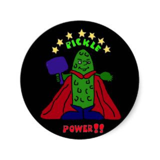BZ  Pickle Power Superhero Pickleball Cartoon Round Stickers