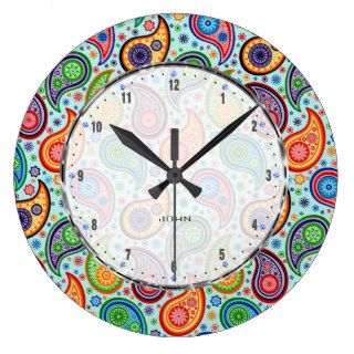 Colorful Vintage Paisley Soft Blue Background Wall Clocks