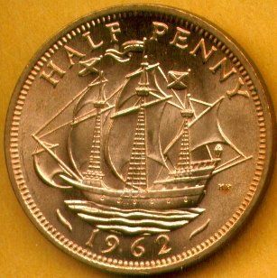 1962 Half Penny Great Britain Elizabeth II, Bronze Coin 