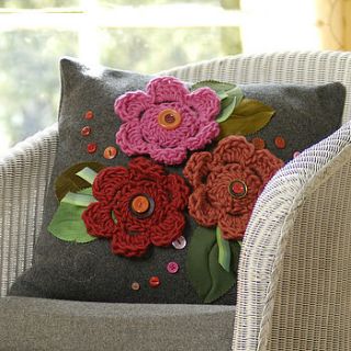 grey wool triple flower cushion by emily brown design