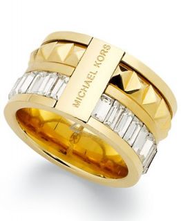 Michael Kors Gold Tone Baguette Crystal and Pyramid Stud Barrel Ring   Fashion Jewelry   Jewelry & Watches