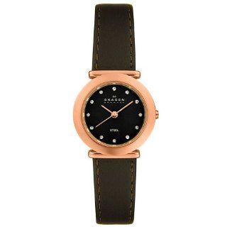 Skagen Women's 107SRLD Steel Collection Crystal Accented Rose Gold Tone Brown Leather Watch at  Women's Watch store.