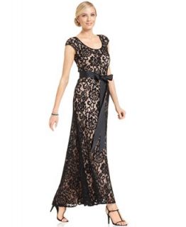 Betsy & Adam Dress, Cap Sleeve Belted Lace Gown   Dresses   Women