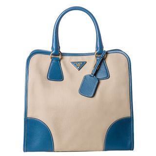 Prada Women's Blue and Beige Tall Canvas and Saffiano Leather Tote Bag Prada Designer Handbags