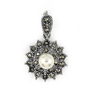 Plutus Sterling Silver Synthetic Pearl and Marcasite Necklace Plutus Pearl Necklaces