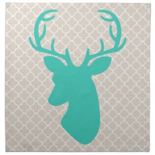 Turquoise Deer Head On Beige Quatrefoil Pattern Napkin