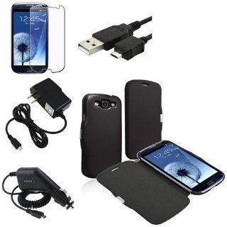eForCity Black Flip Leather Case+Clear Pro+Charger+Cord Compatible with Samsung© Galaxy S III S3 i9300 Cell Phones & Accessories