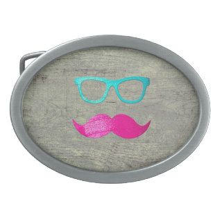 Funny Pink mustache teal hipster glasses wood Oval Belt Buckle