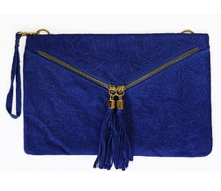 colbalt blue jacquard embossed suede bag by sugar + style