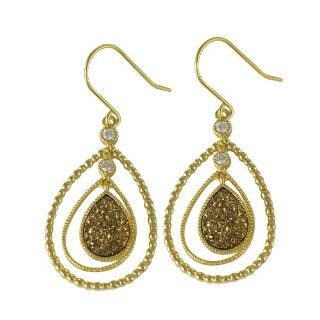 Gold Tone Sterling Silver Double Teardrop Brown Druzy Dangle Earrings Jewelry