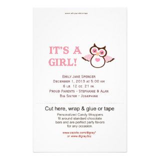 Pink Owl Birth Announcement Candy Wrapper Flyer Design