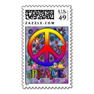 Modern Retro Peace Sign Text Birds & Flowers Postage Stamp